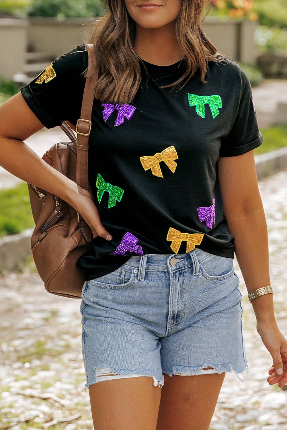 Mardi Gras Sequin Bow Crew Neck T Shirt