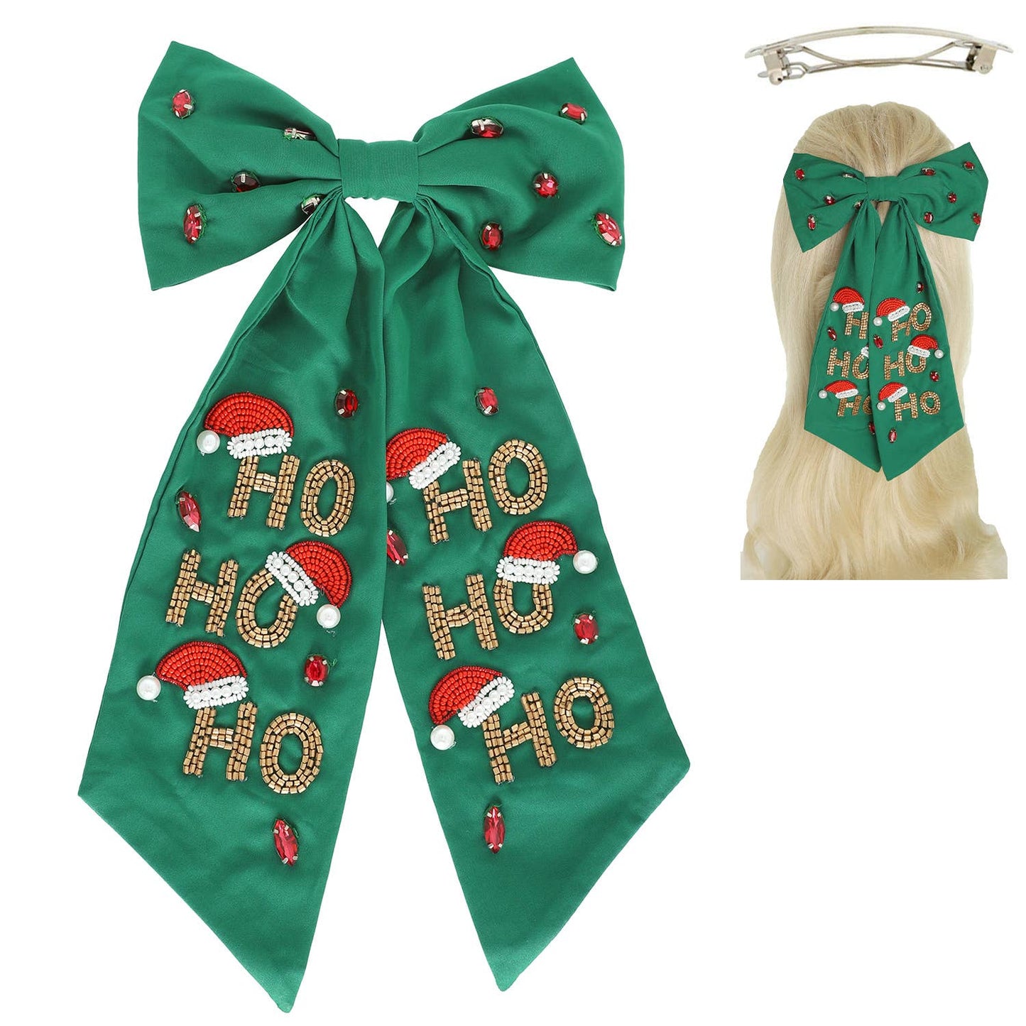 Christmas HO HO HO Jeweled Bow Barrette Hair Clip
