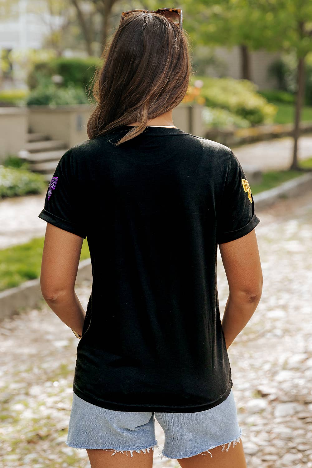 Mardi Gras Sequin Bow Crew Neck T Shirt