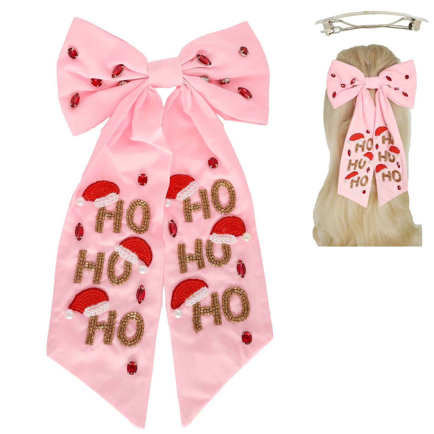 Christmas HO HO HO Jeweled Bow Barrette Hair Clip