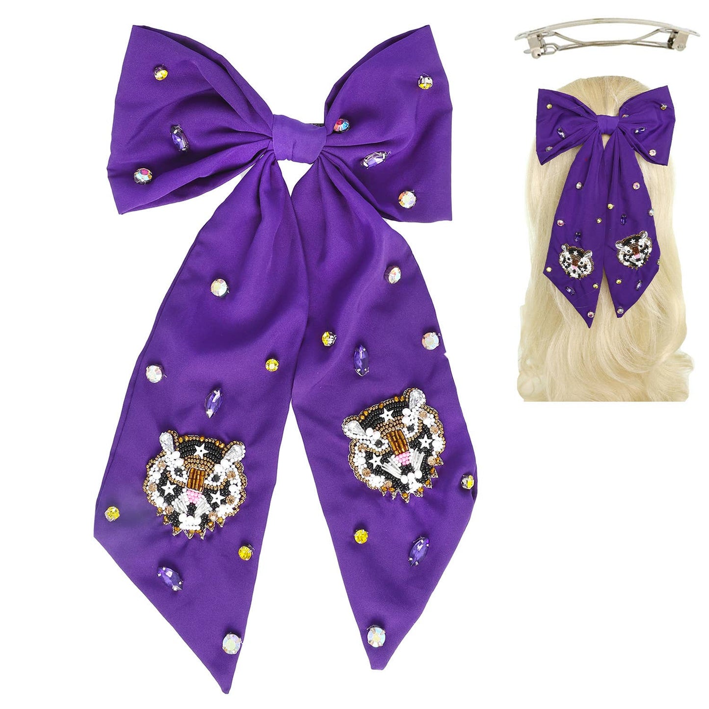 Game Day Tiger Embroidered Bow Barrette Hair Clip