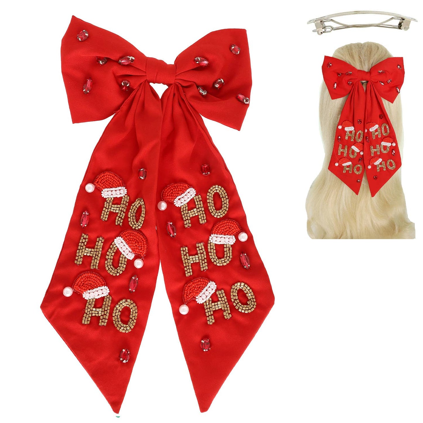 Christmas HO HO HO Jeweled Bow Barrette Hair Clip