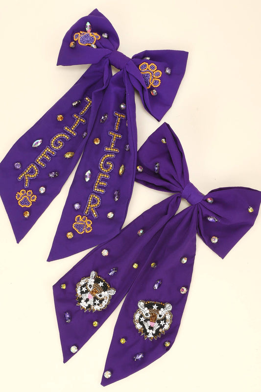 Game Day Tiger Embroidered Bow Barrette Hair Clip