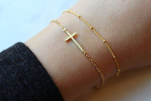 Dainty Bracelet Set Gold Sideways Cross